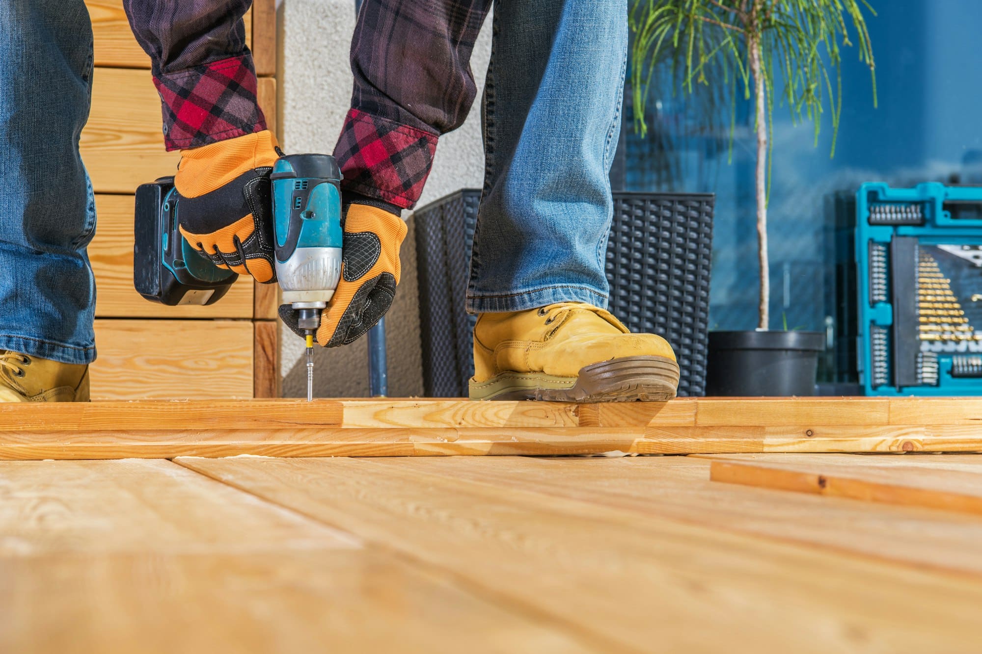 Building Wooden Porch Attaching Wood Planks Elements